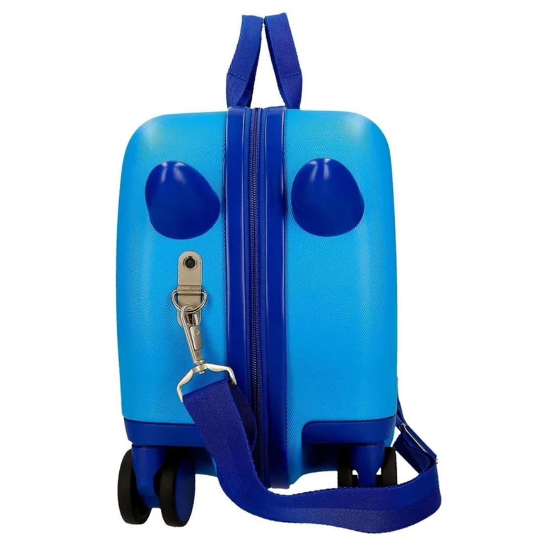 Mala de viagem azul clara com rodas e alça azul escuro