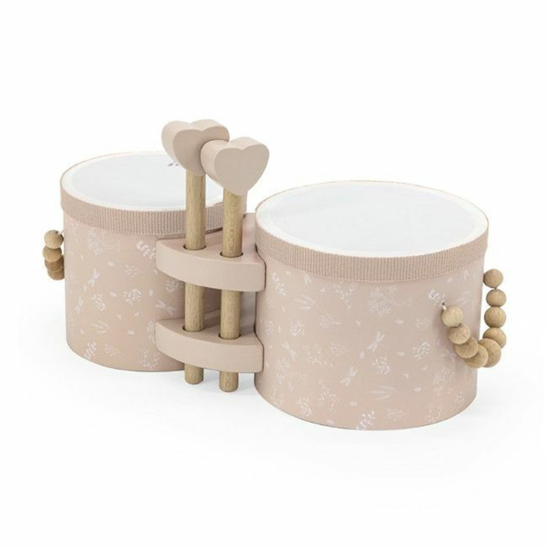 Tambor duplo infantil rosa claro com alças de madeira e corações no centro