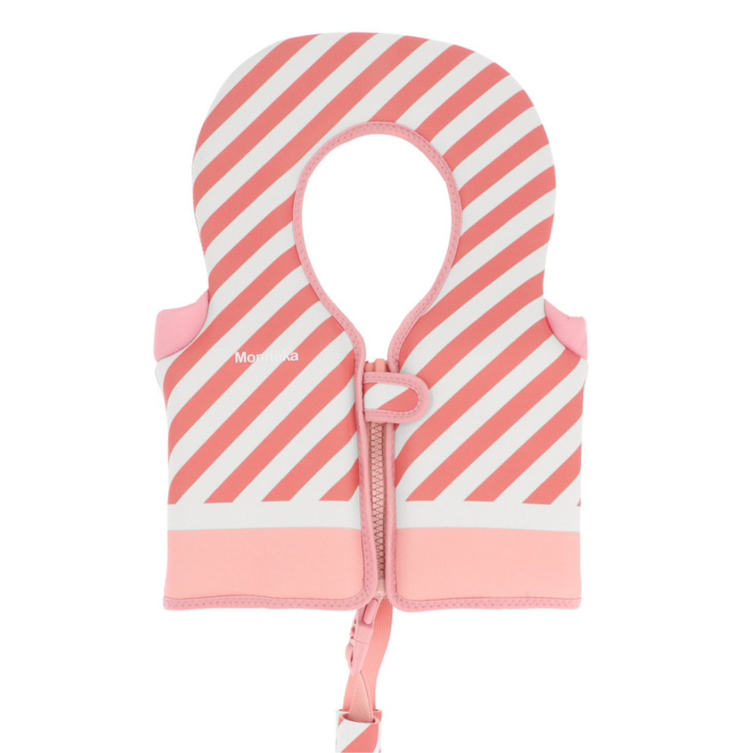 Colete salva-vidas infantil rosa e branco com riscas diagonais e fecho