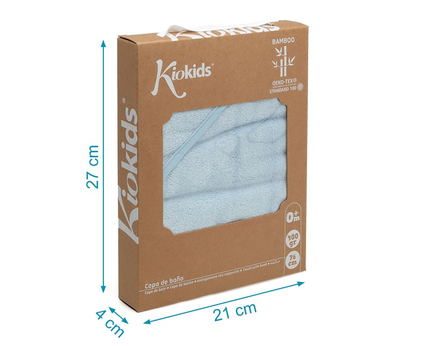 Embalagem de capuz de banho Kiokids azul claro com janela transparente e texto informativo