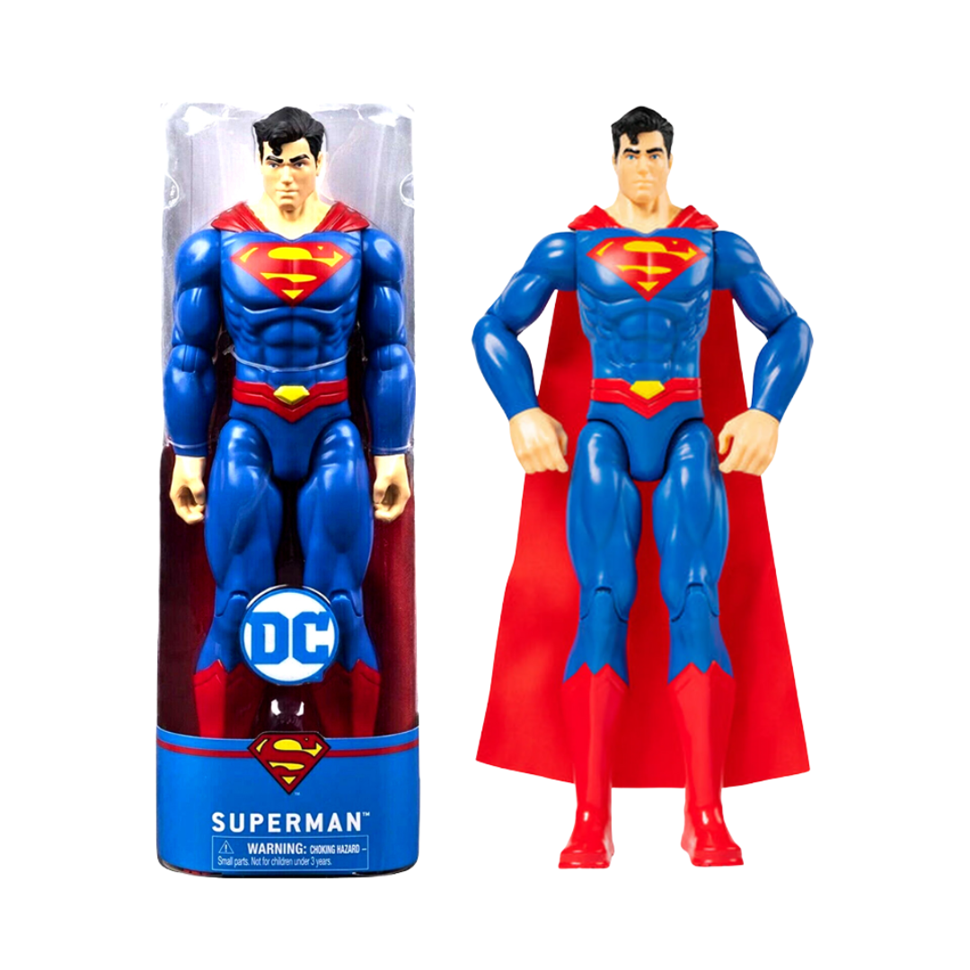 Duas figuras de ação do Superman, uma na embalagem e outra fora com capa vermelha e fato azul.