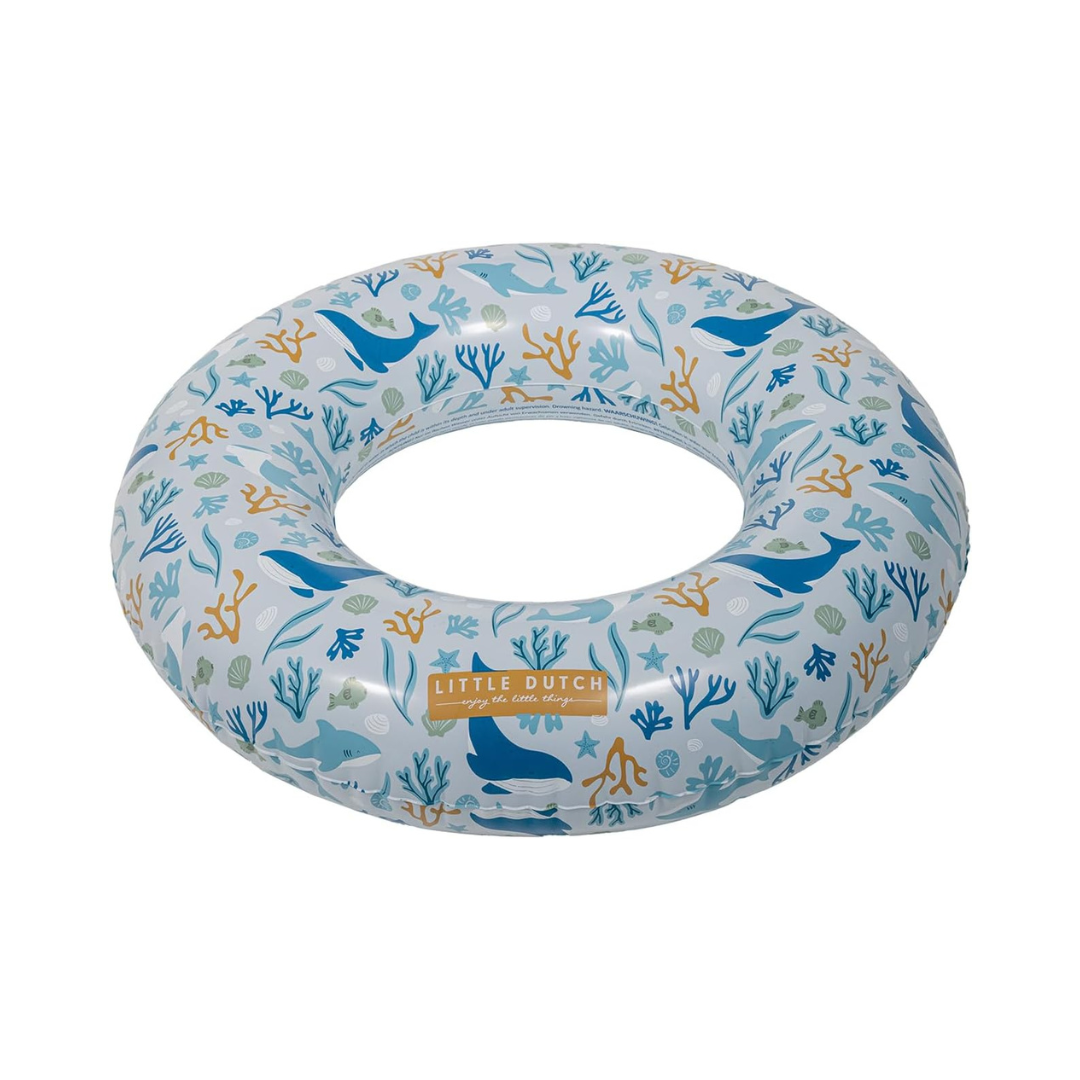 Boia circular insuflável com padrão marítimo azul e texto Little Dutch