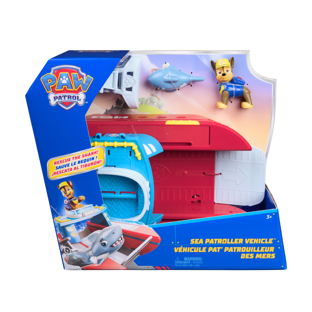 Veículo de brinquedo PAW Patrol Sea Patroller com figura de cão em caixa azul