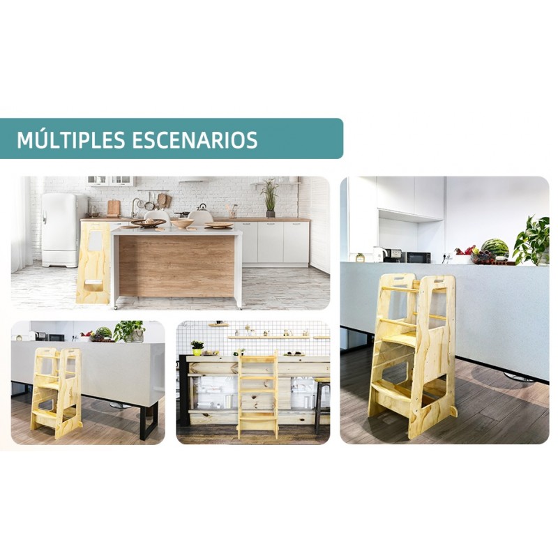 Escadote dobrável de madeira em diferentes cenários de cozinha moderna branca