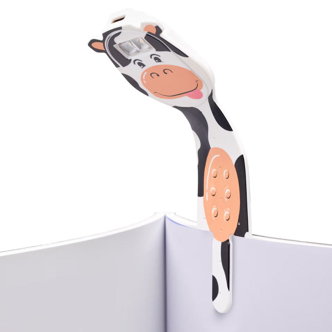 Marcador de livros vaca estilizada com padrão branco e preto, focinho e língua rosa