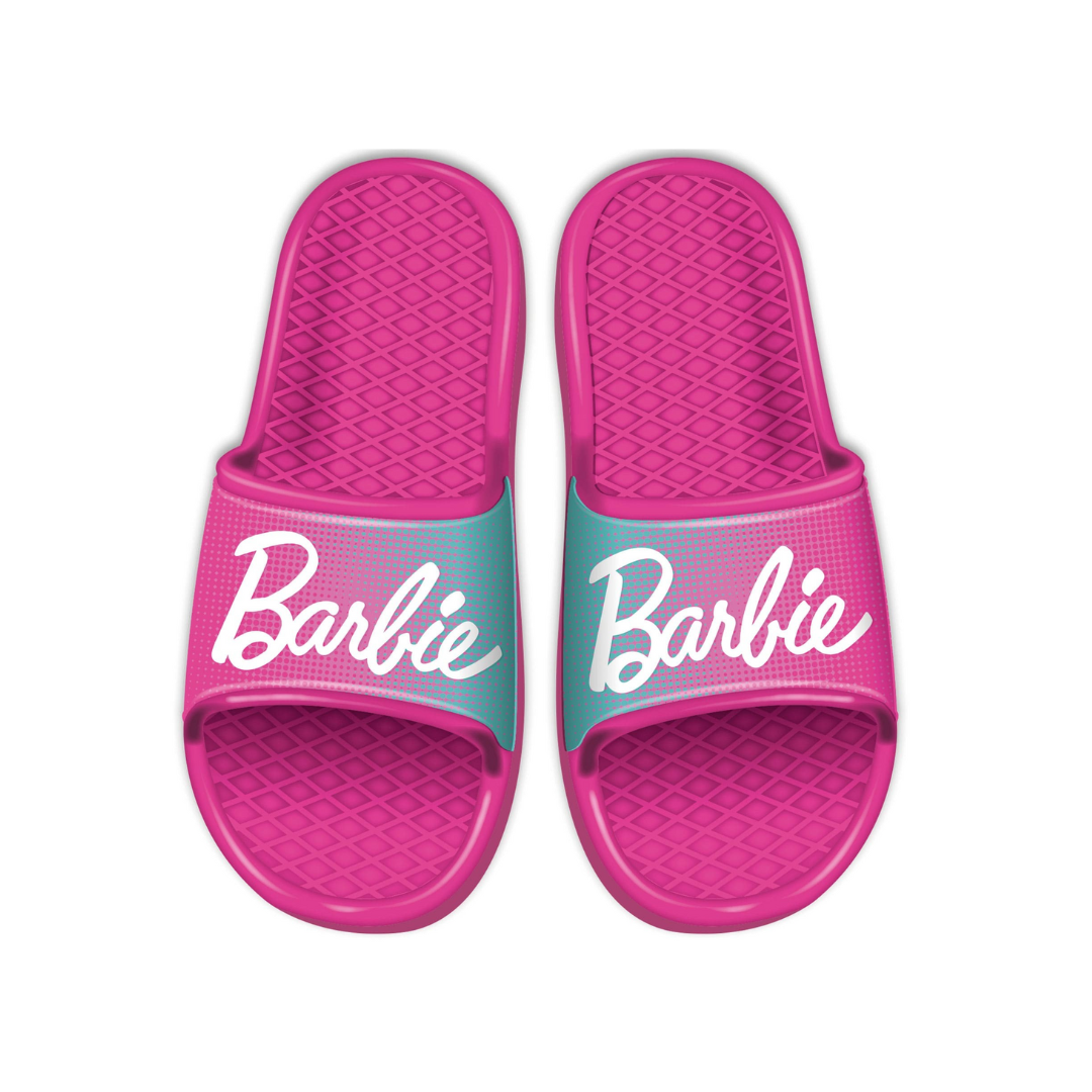 Chinelos rosa e azul com logo Barbie branco