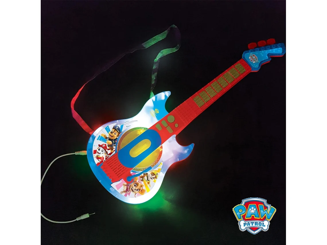 Guitarra elétrica de brinquedo com personagens da Patrulha Pata e luzes LED
