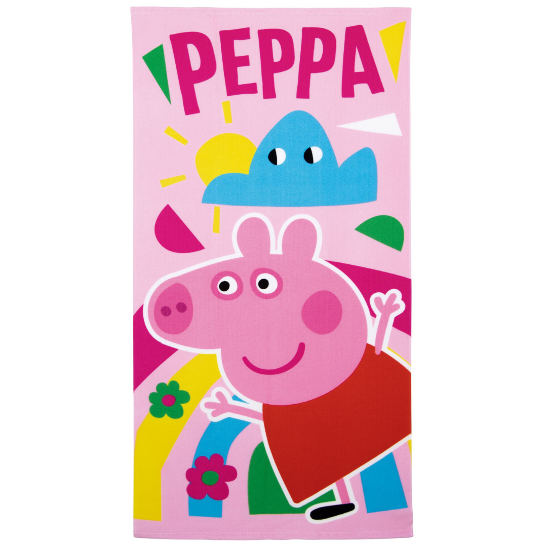 Toalha de banho rosa com personagem Peppa Pig e texto PEPPA
