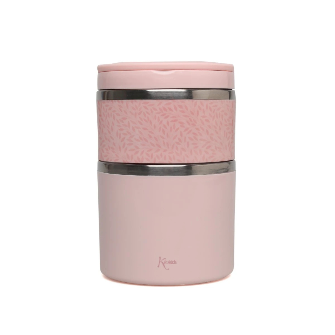 Termo alimentar rosa com padrão de folhas e detalhes em inox