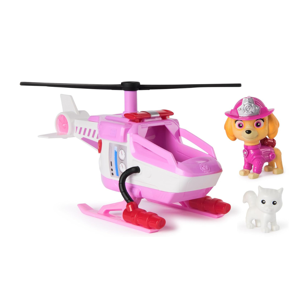 Brinquedo helicóptero rosa e branco com figuras de cão e gato em plástico
