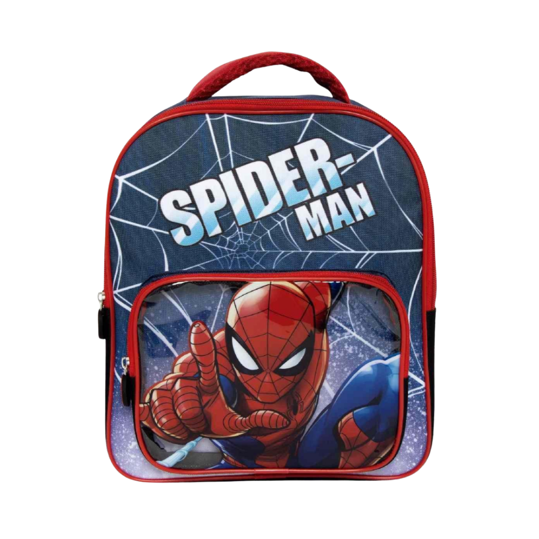 Mochila infantil azul e vermelha com imagem do Homem-Aranha e texto SPIDER-MAN