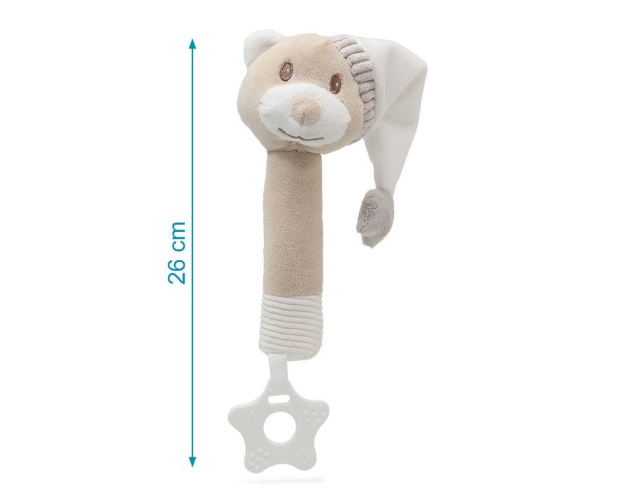 Brinquedo para bebé em forma de urso com gorro branco e anel em estrela.
