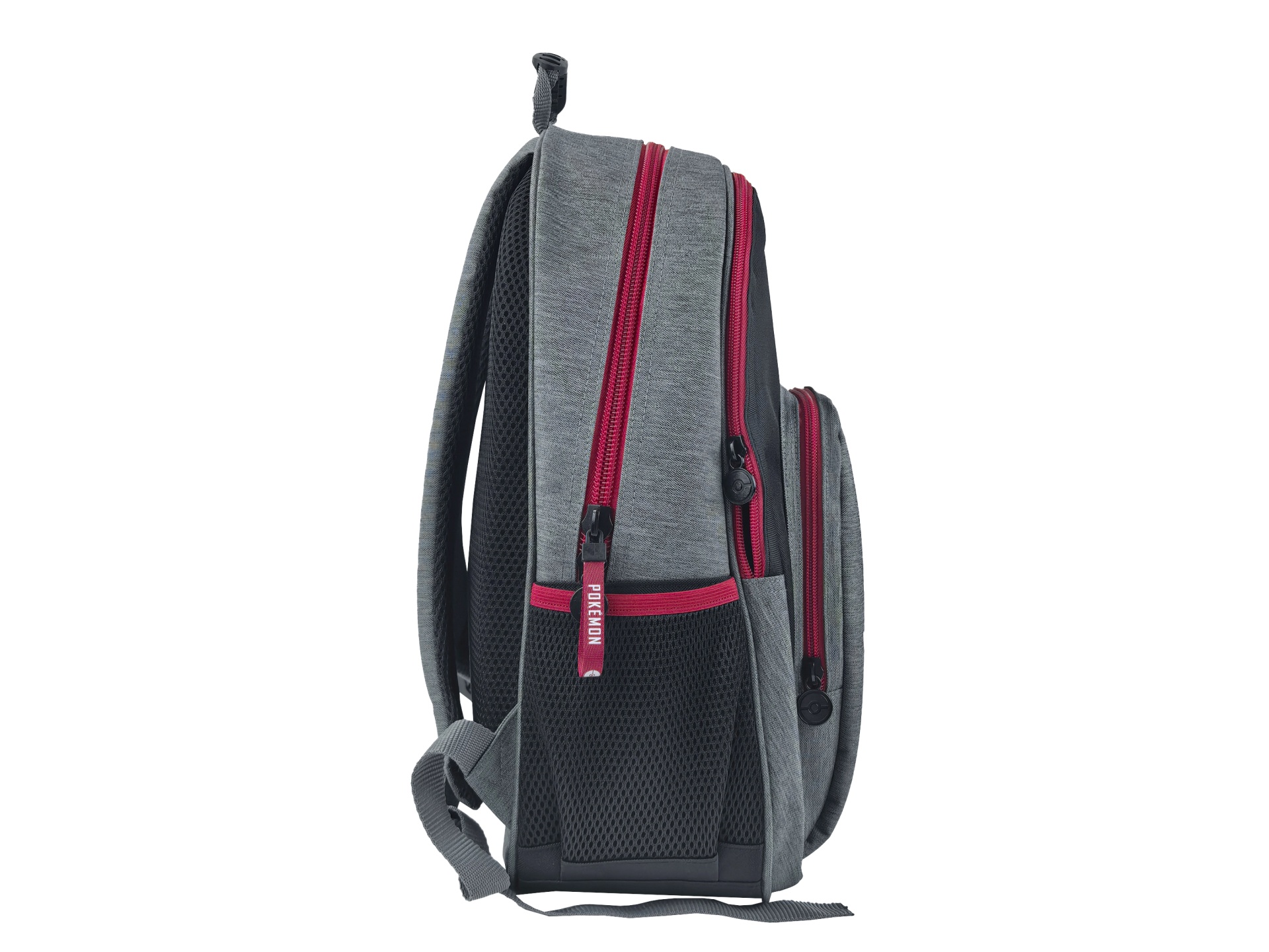 Mochila cinzenta com detalhes vermelhos e fechos de correr POKEMON