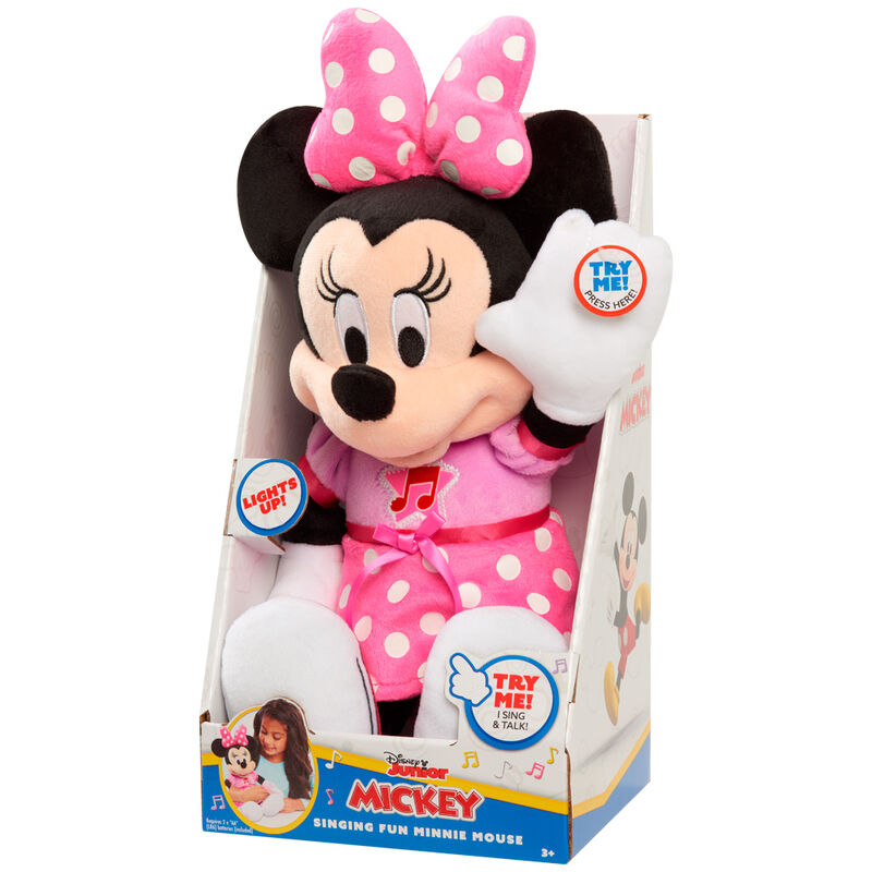 Peluche Minnie Mouse rosa e preto com vestido de bolinhas e laço, em embalagem Disney Junior