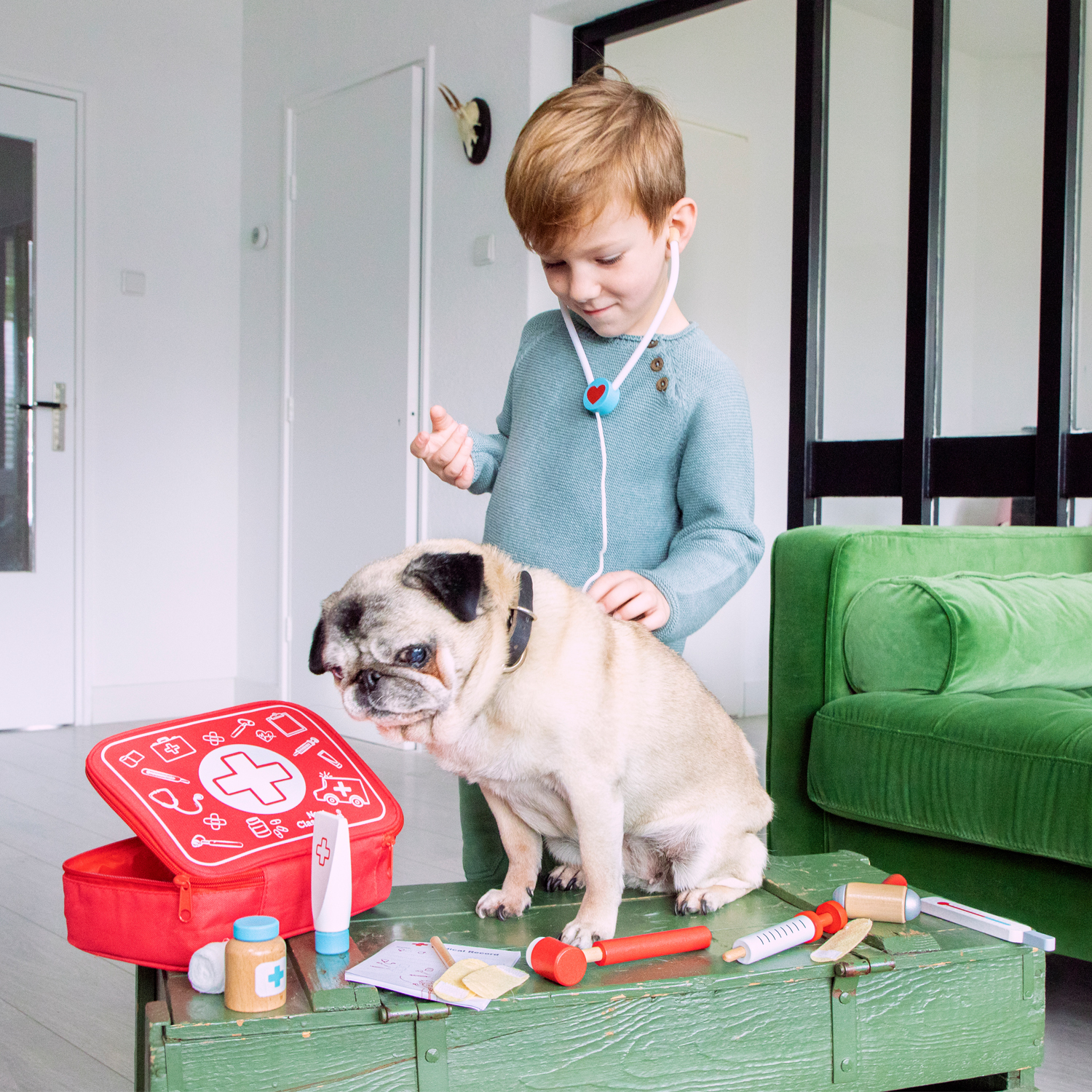 Menino loiro a brincar com pug e brinquedos de médico veterinário numa mesa verde