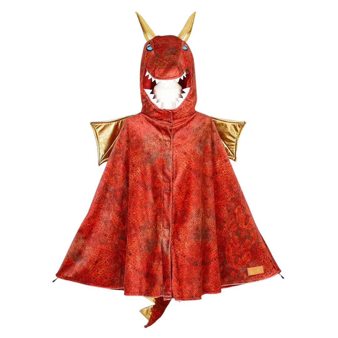 Pelerine infantil com capuz de dragão vermelho texturizado com detalhes dourados