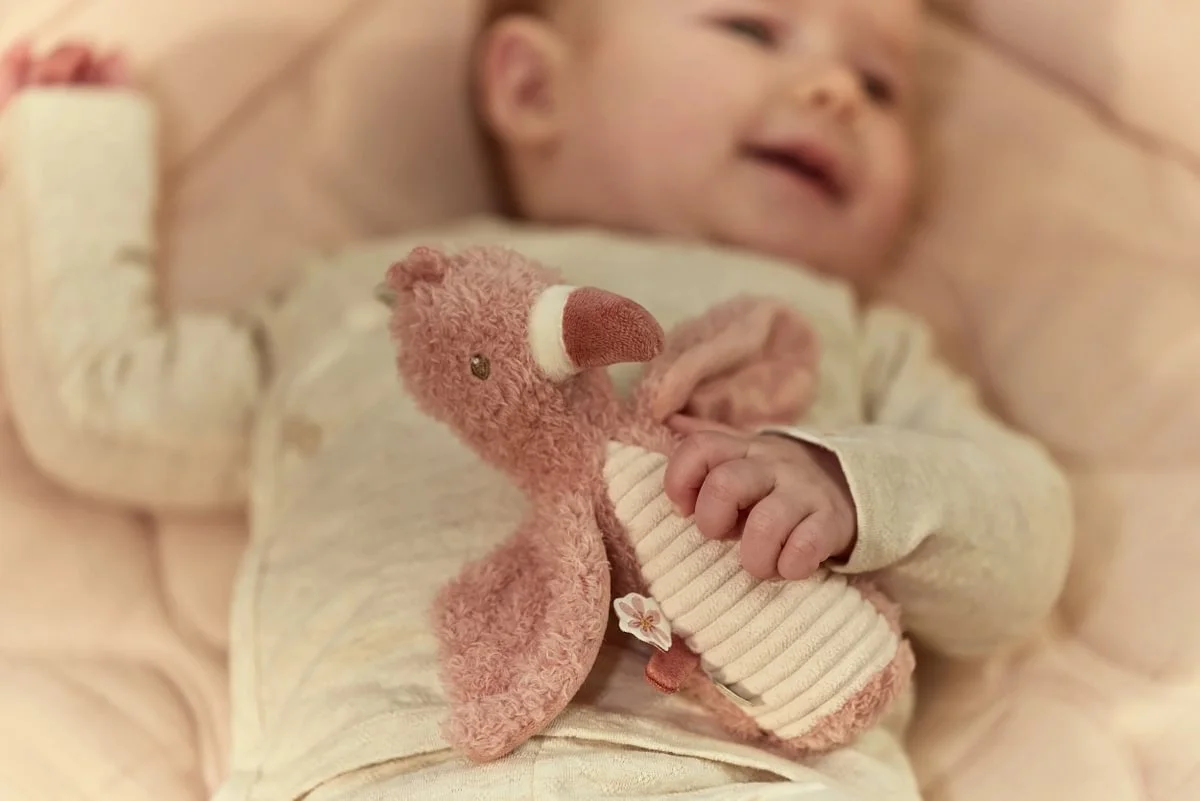 Boneco de peluche rosa em forma de pássaro segurado por bebé