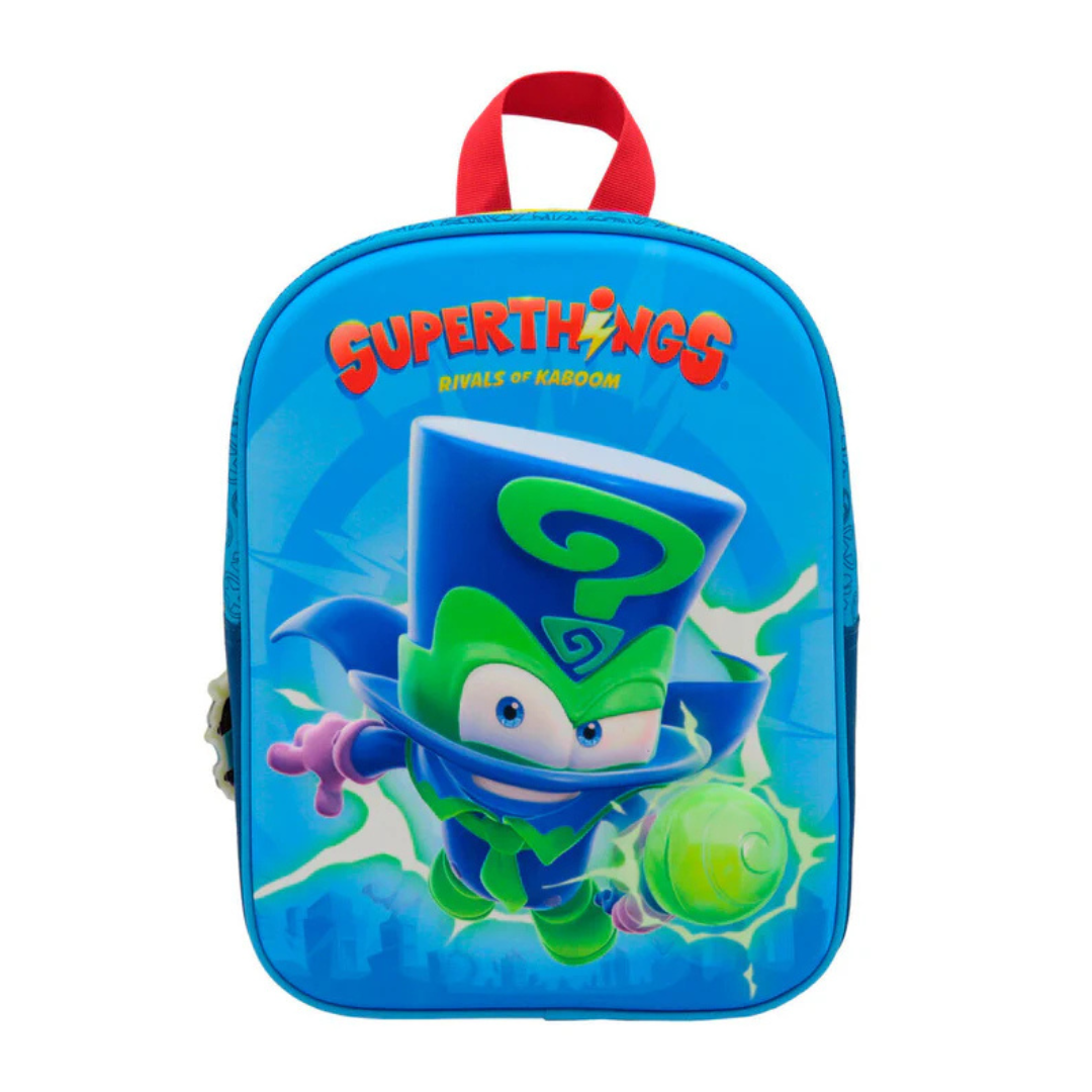 Mochila azul para criança com personagem animado e texto SuperThings