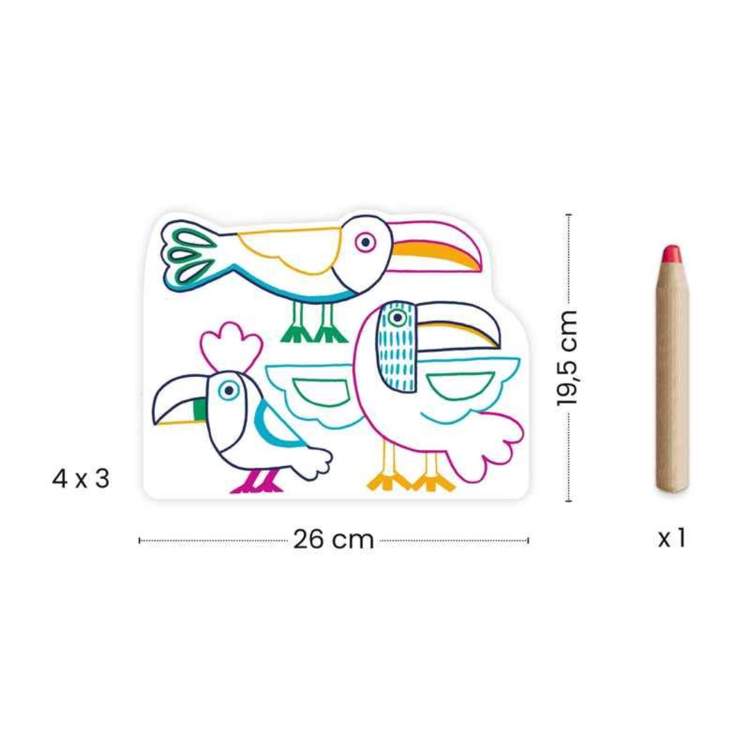 postais com desenhos coloridos de pássaros e lápis grosso
