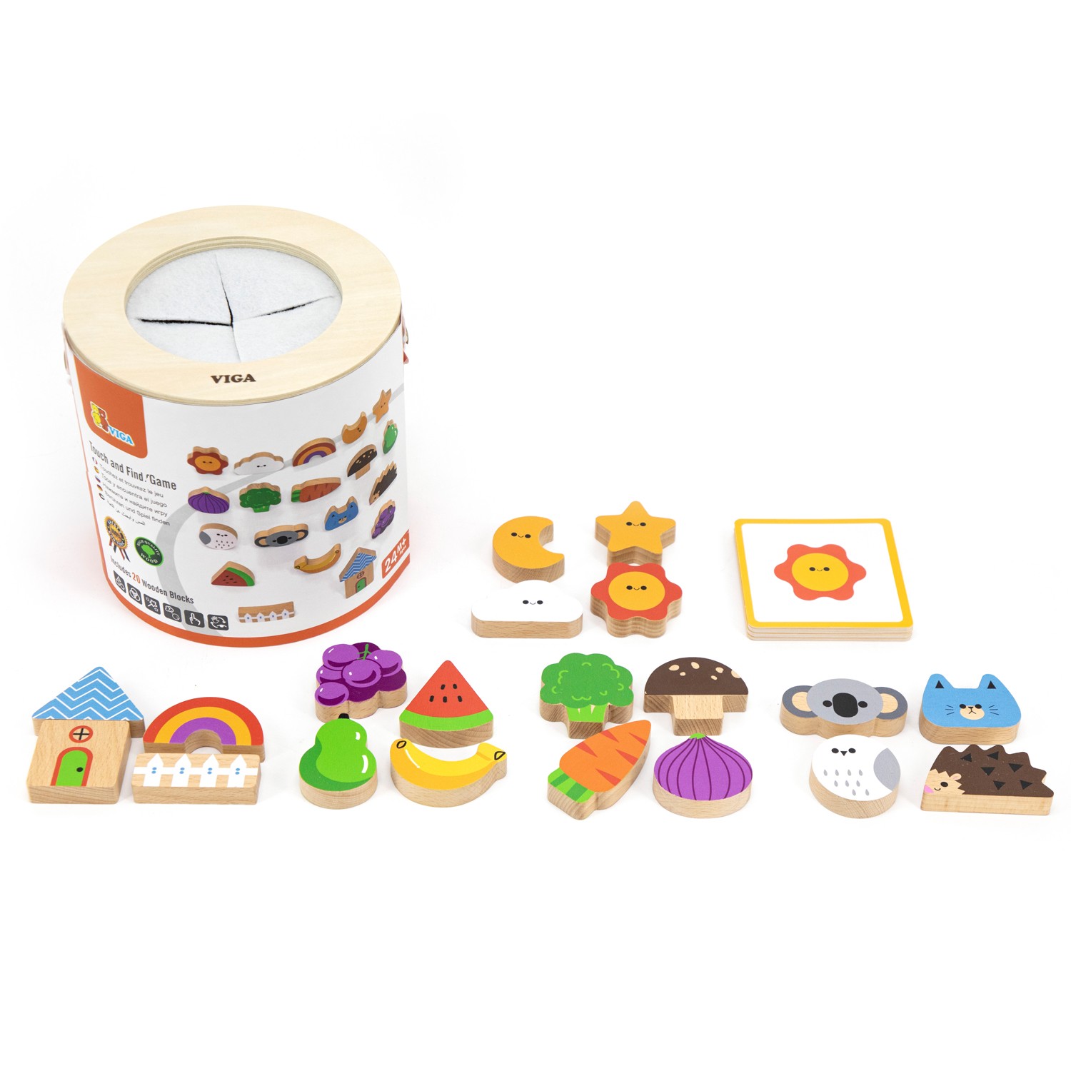 Jogo de peças de madeira coloridas com tema de frutas, animais e objetos, com embalagem cilíndrica