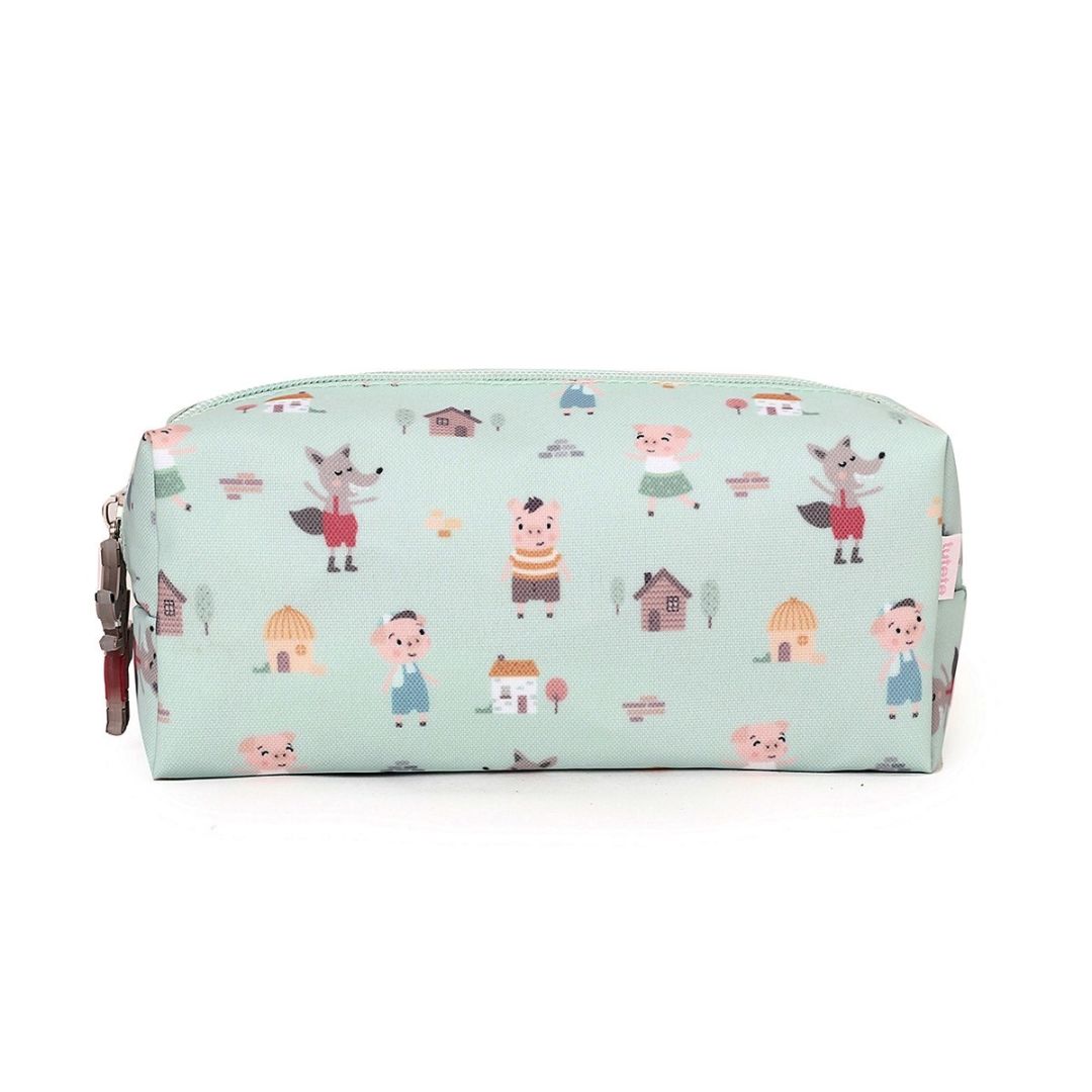 Estojo verde água com padrão dos três porquinhos e lobo