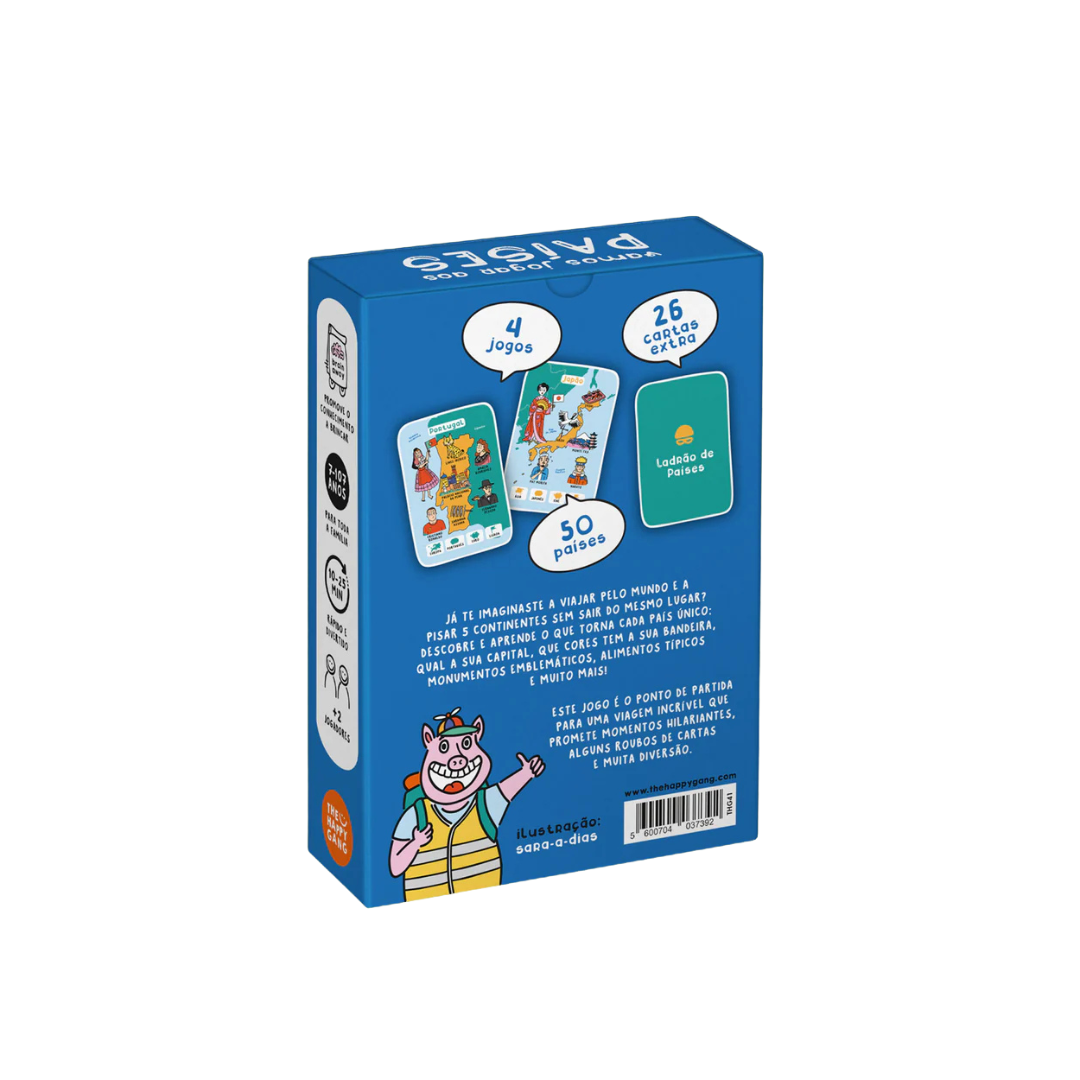 Caixa de jogo de cartas azul com ilustrações coloridas e texto em português