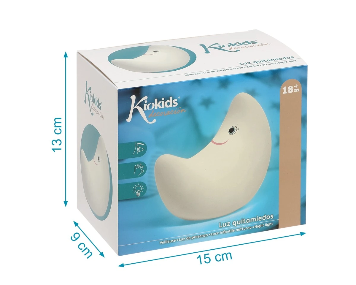 Caixa com luz de presença em forma de lua branca e sorriso da Kiokids