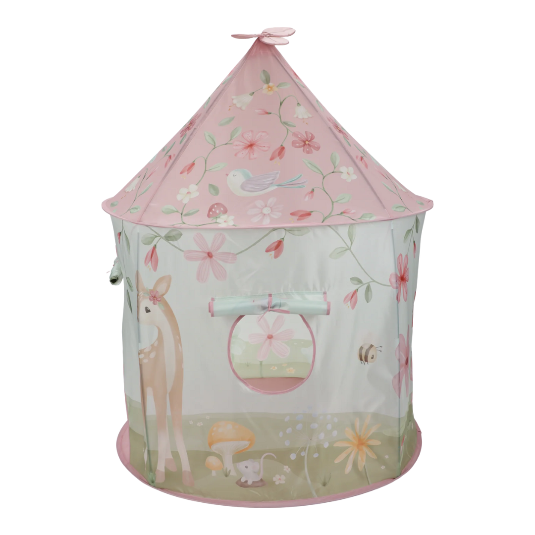Tenda infantil rosa com padrão de flores, veado e pássaro