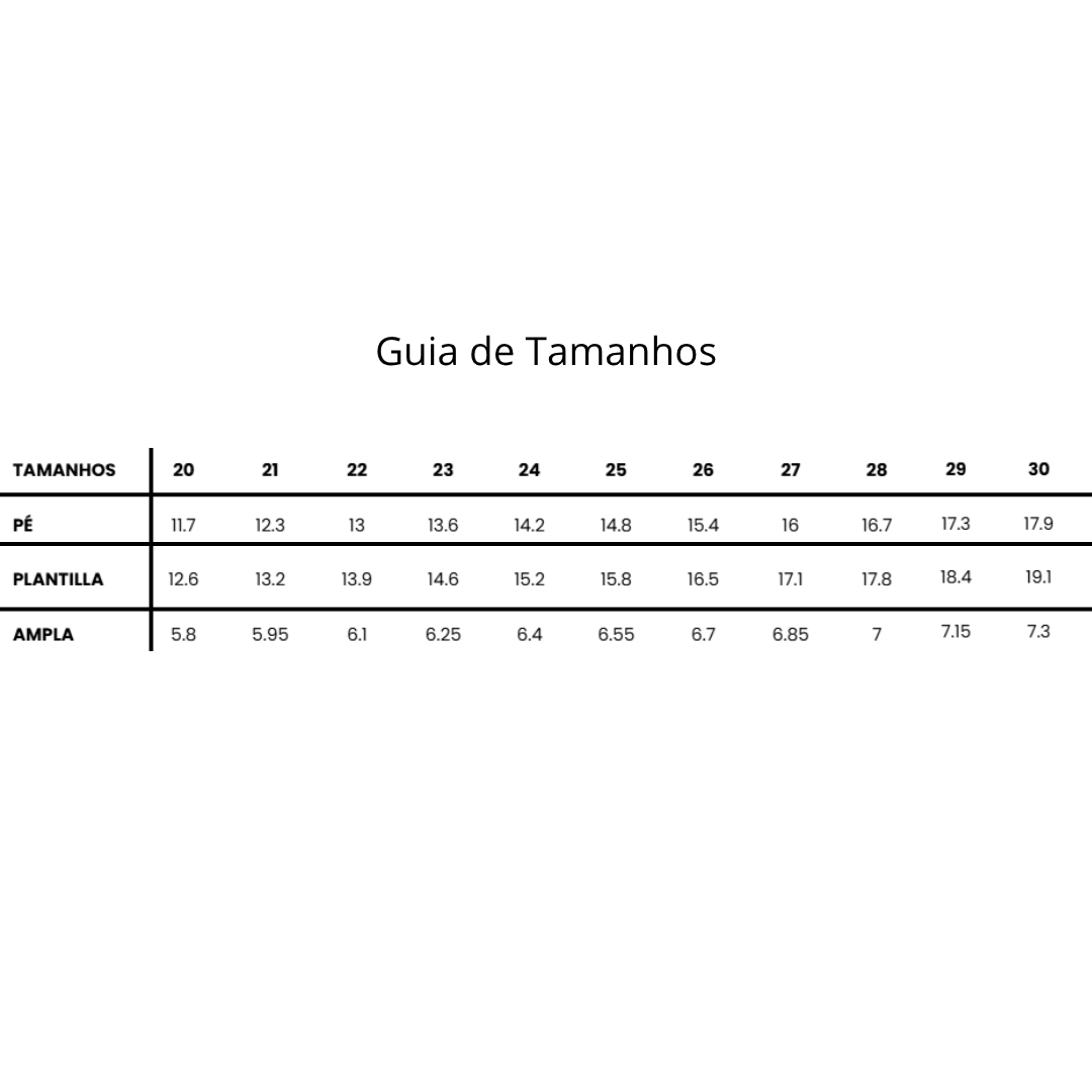 Tabela de guia de tamanhos para calçado com medidas de pé, plantilla e largura ampla