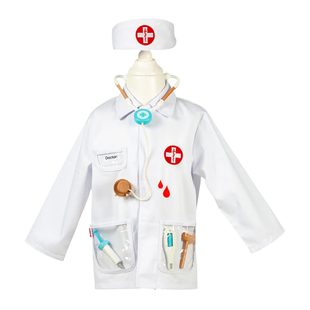 Roupa de médico branca para criança com chapéu e acessórios de brinquedo