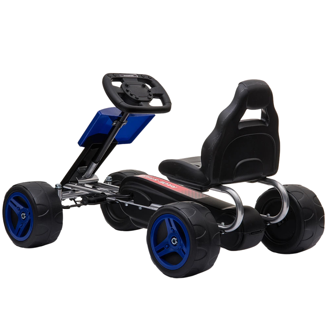 Carrinho de corrida infantil preto e azul com volante, rodas grandes e banco preto