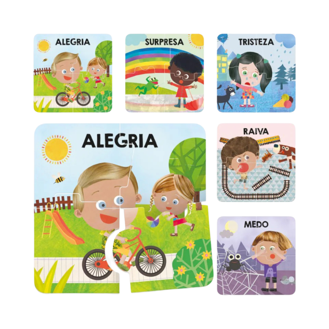 Conjunto de seis puzzles infantis ilustrando emoções diferentes com crianças e cenários variados.