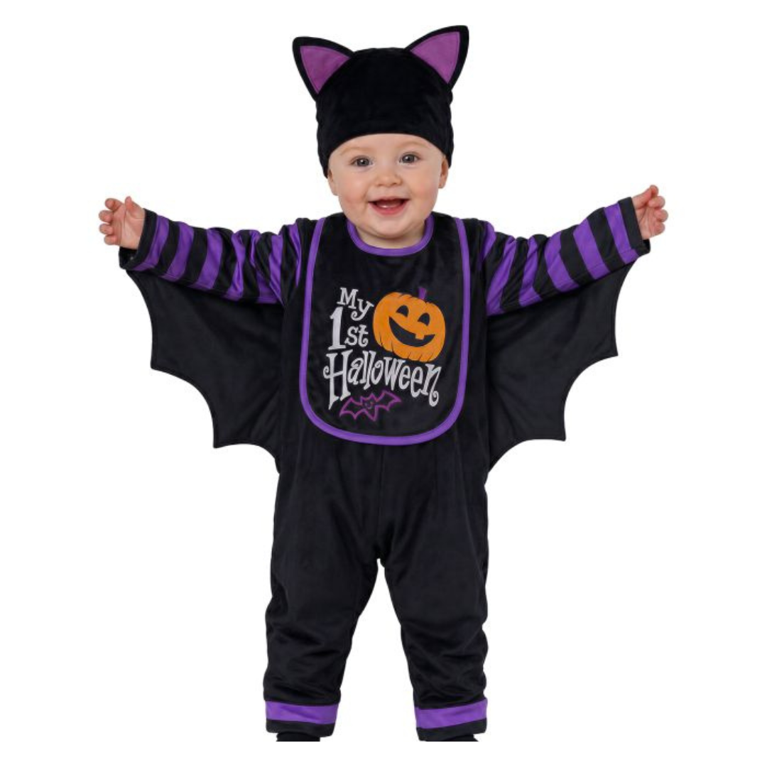 Fato de bebé Halloween preto e roxo com asas de morcego e chapéu com orelhas