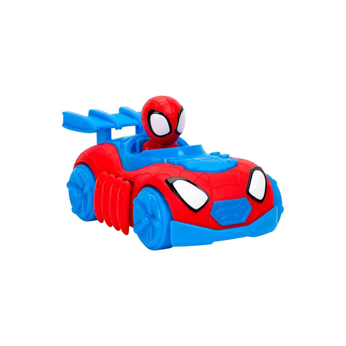 Carrinho de brinquedo vermelho e azul com figura do Homem-Aranha ao volante