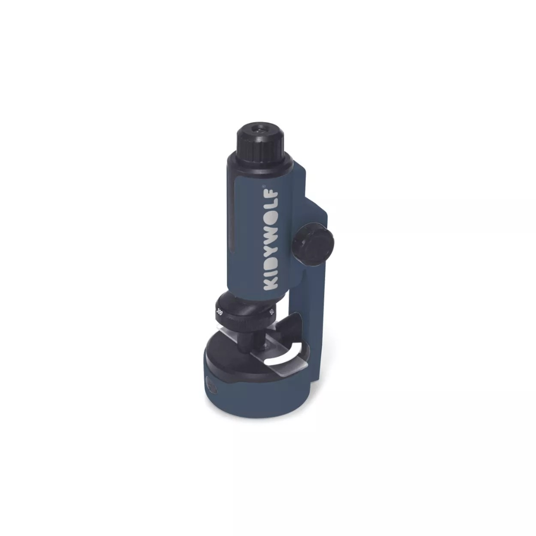 Microscópio infantil azul com marca KIDWOLF sobre fundo branco