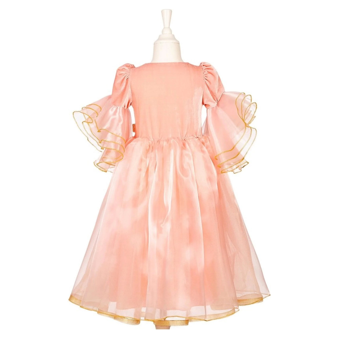 Vestido rosa de criança com mangas bufantes transparentes e barra dourada