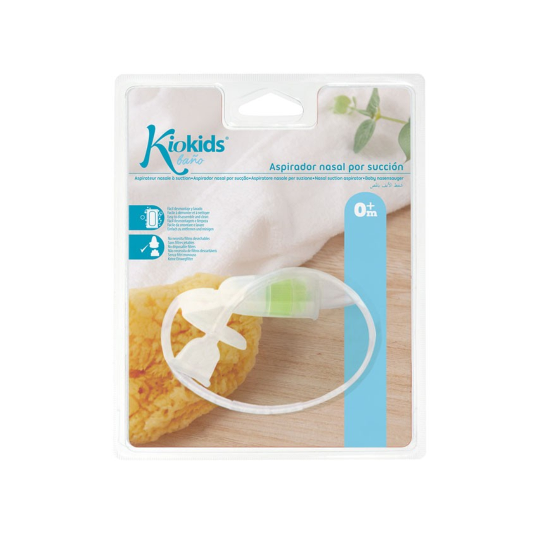 Aspirador nasal por sucção Kiokids para bebés, embalagem com blister e texto em espanhol