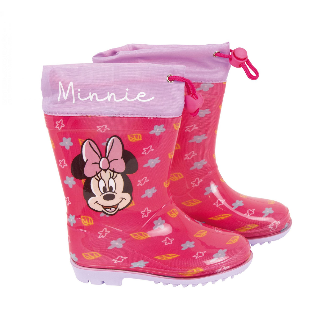 Botas de chuva vermelhas e lilás com personagem Minnie Mouse e texto Minnie