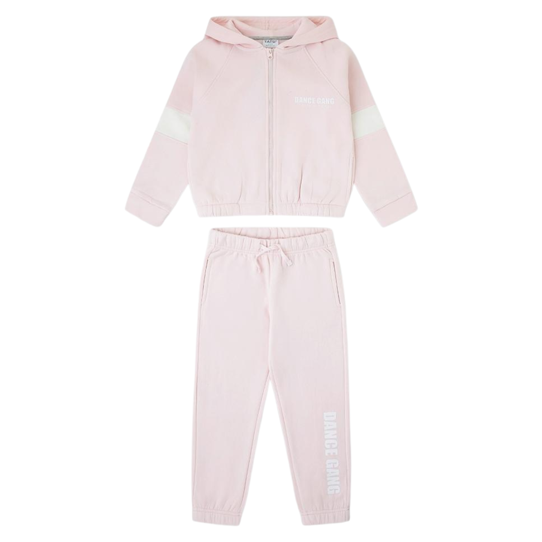 Conjunto de roupa infantil rosa com casaco de capuz, fecho e calças com estampa DANCE GANG