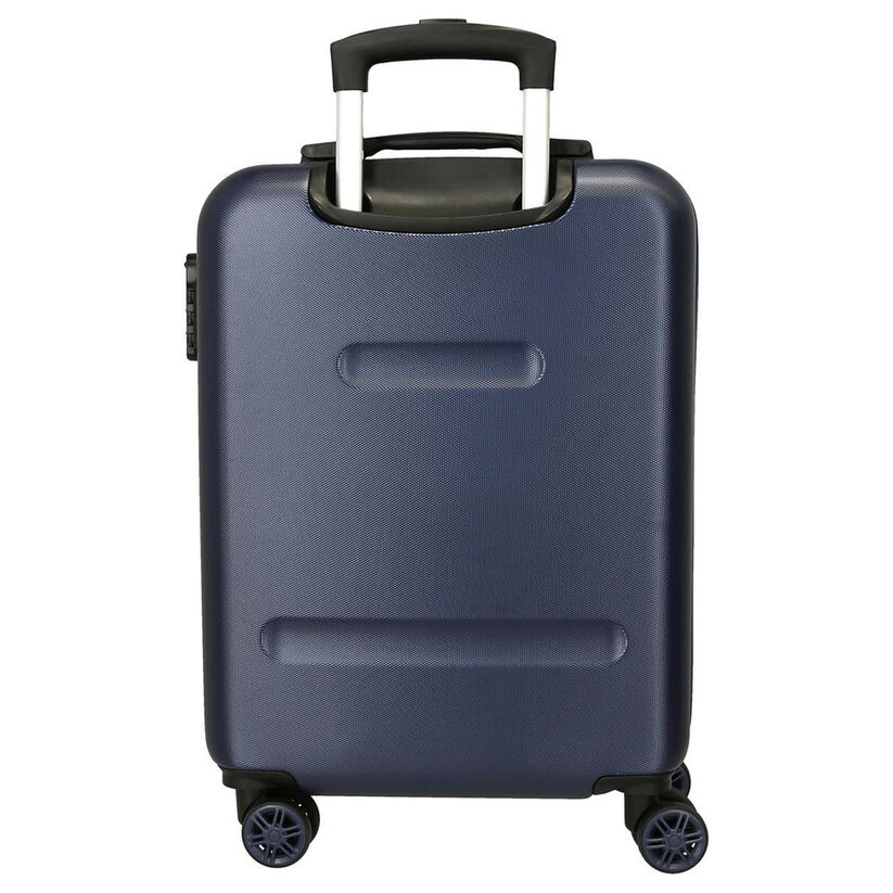 Mala de viagem rígida azul escura com rodas e pega extensível