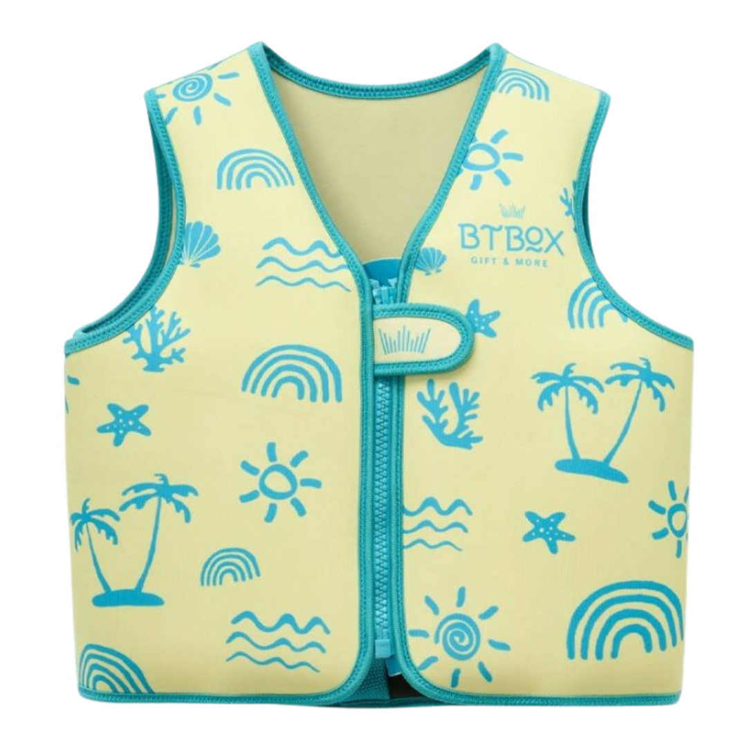 Colete infantil amarelo com padrão azul de elementos do mar e sol