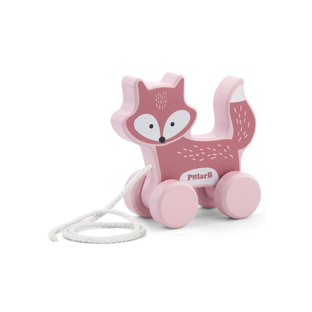 Brinquedo de raposa rosa com rodas e corda para puxar