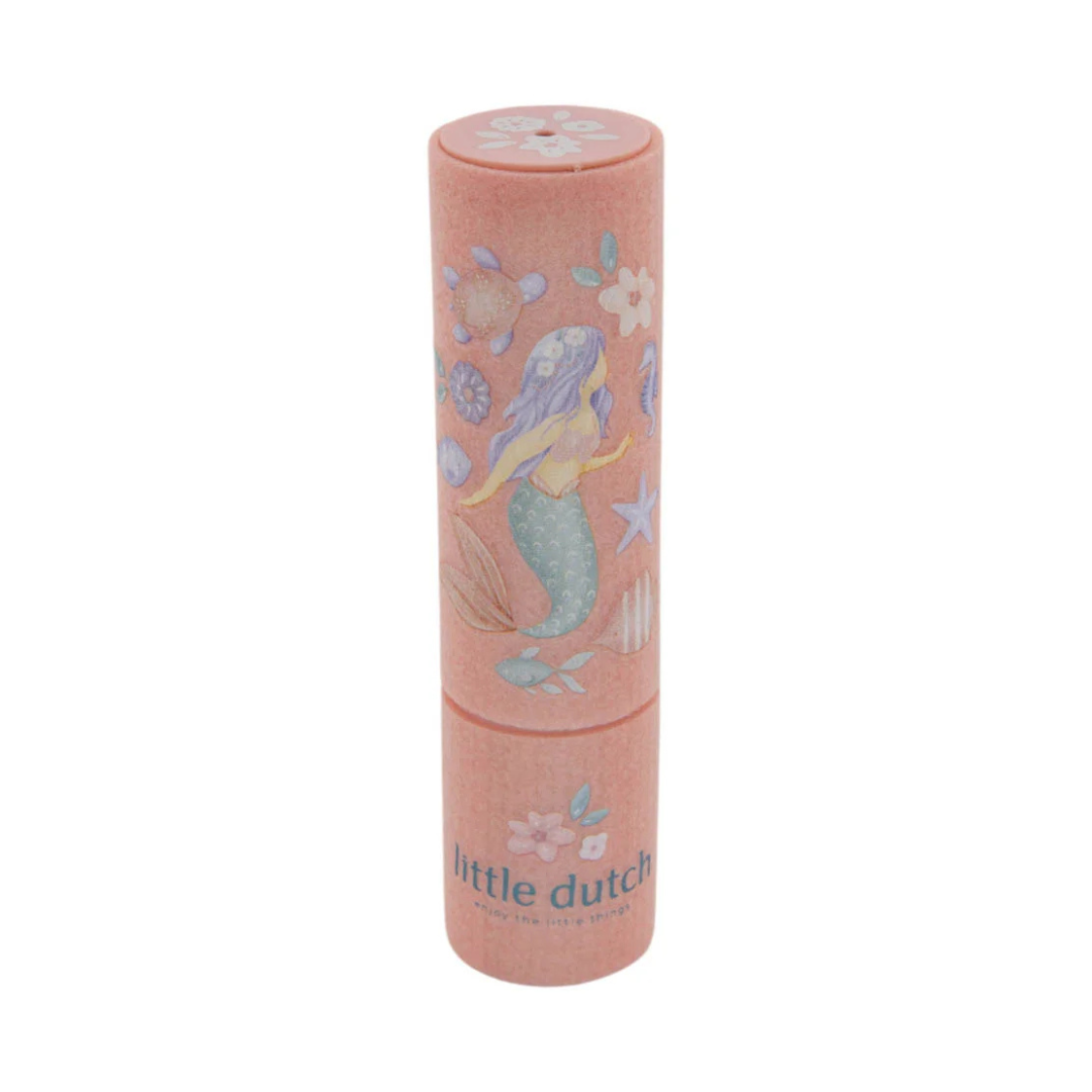 Embalagem cilíndrica cor-de-rosa com desenhos de sereia e texto Little Dutch.