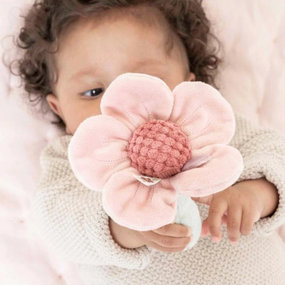 Bebé segurando brinquedo de peluche em forma de flor cor-de-rosa.