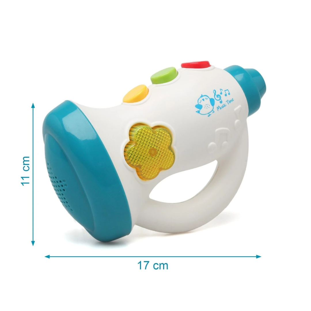 Brinquedo infantil megafone branco com detalhes coloridos e texto Music Time