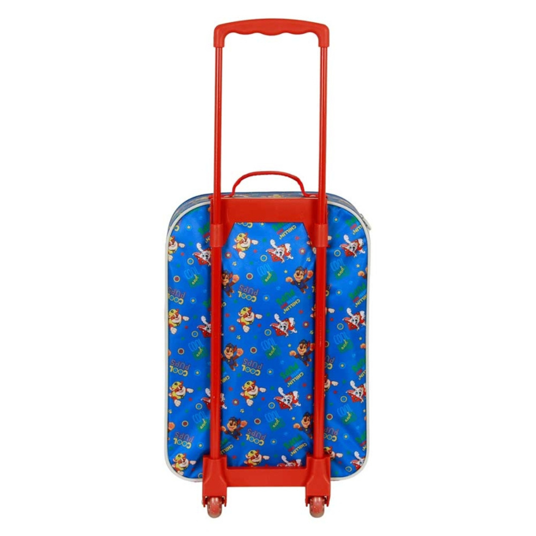 Mala infantil azul com personagem e pega vermelha extensível.