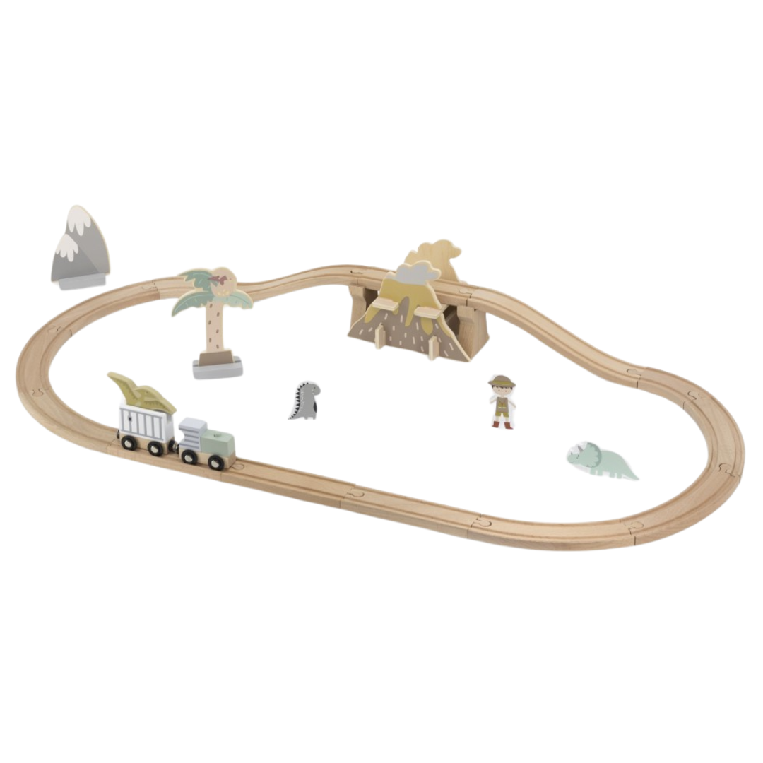 Brinquedo de pista de comboio e figuras de dinossauro em madeira