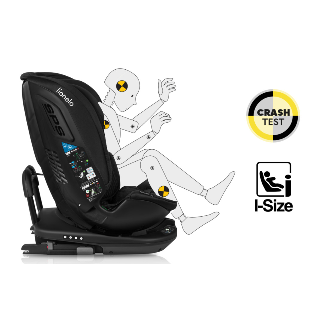 cadeira auto preta com ilustração de manequim de teste de choque