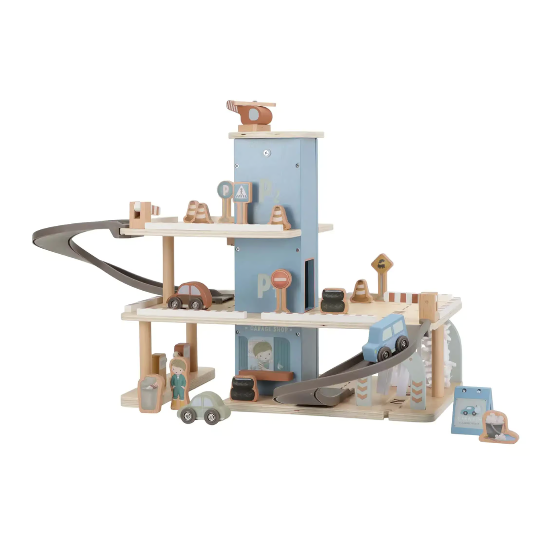 Parque de estacionamento infantil de madeira azul, creme, com rampas e acessórios