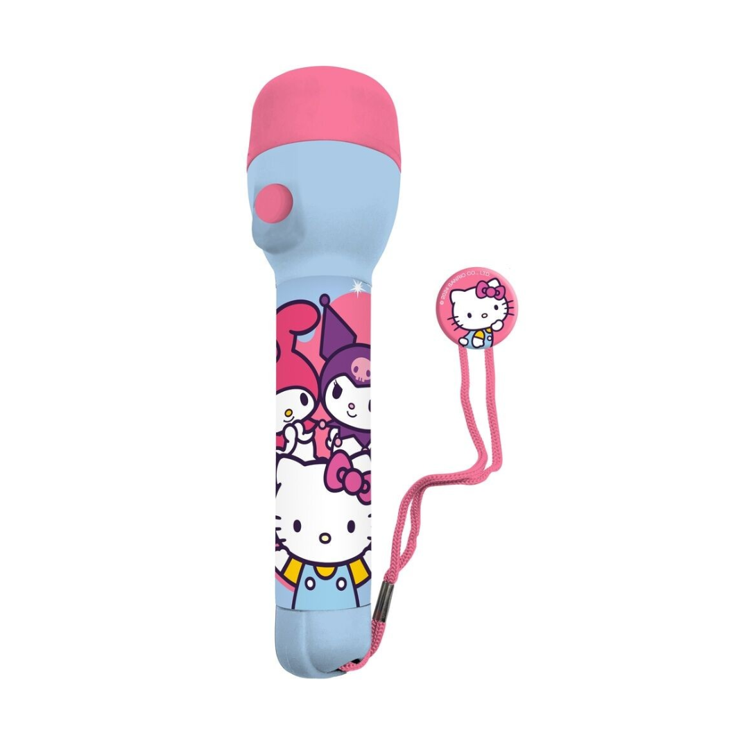 Microfone colorido com personagens Hello Kitty, azul e rosa, com pulseira rosa.